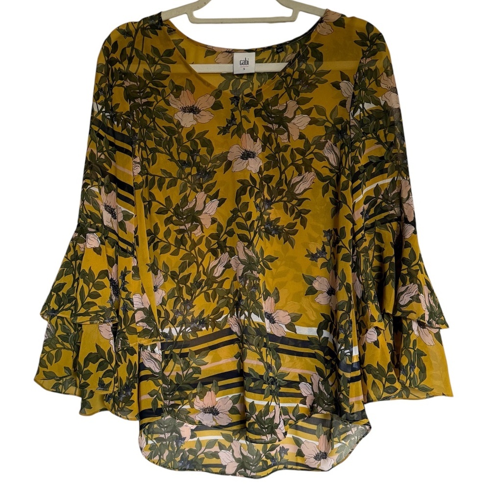 Cabi Spring Scene Yellow Floral Sheer Bell Sleeves Blouse Size Small